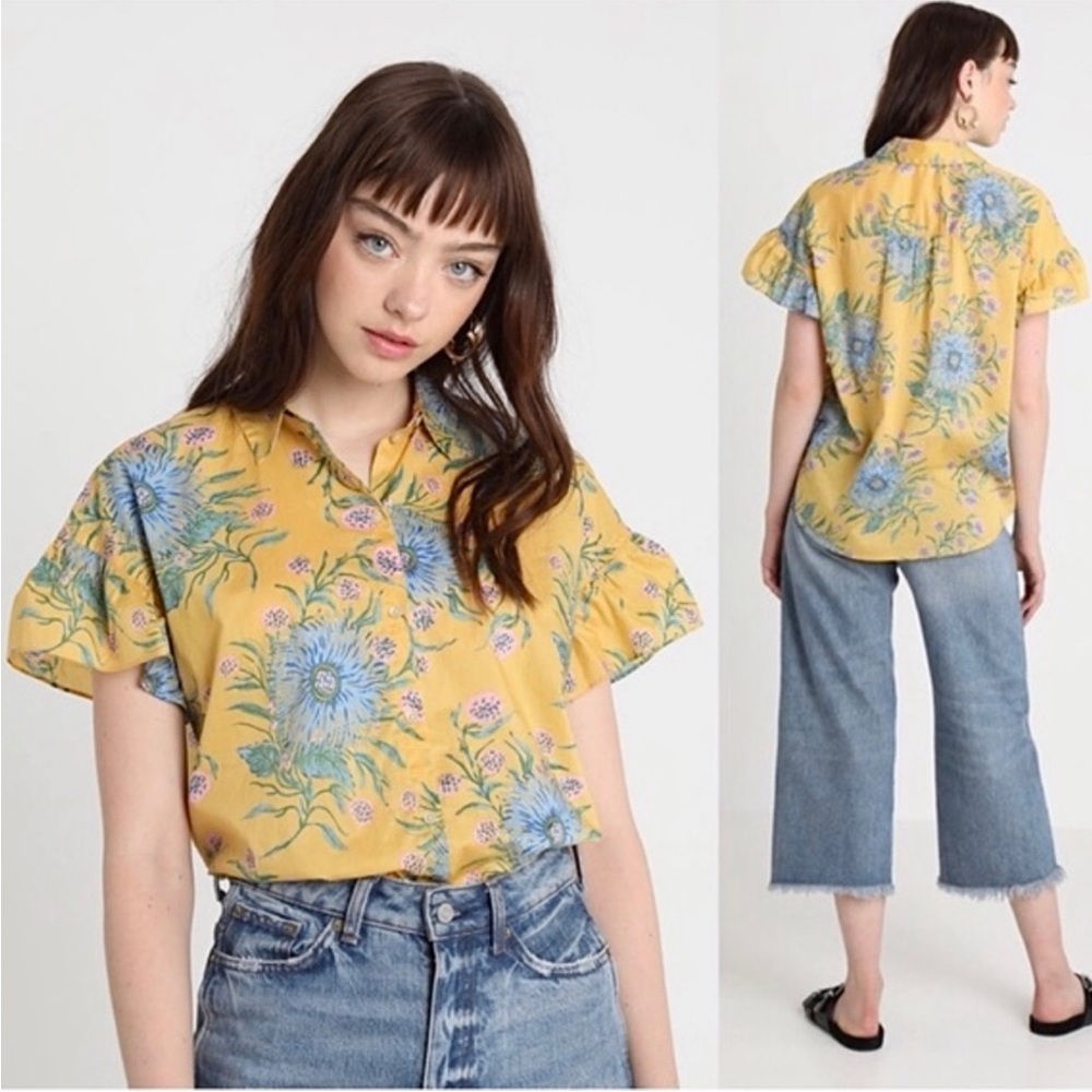 Madewell Women's Yellow Ruffle Sleeve Painted Blooms summer buttoned blouses S